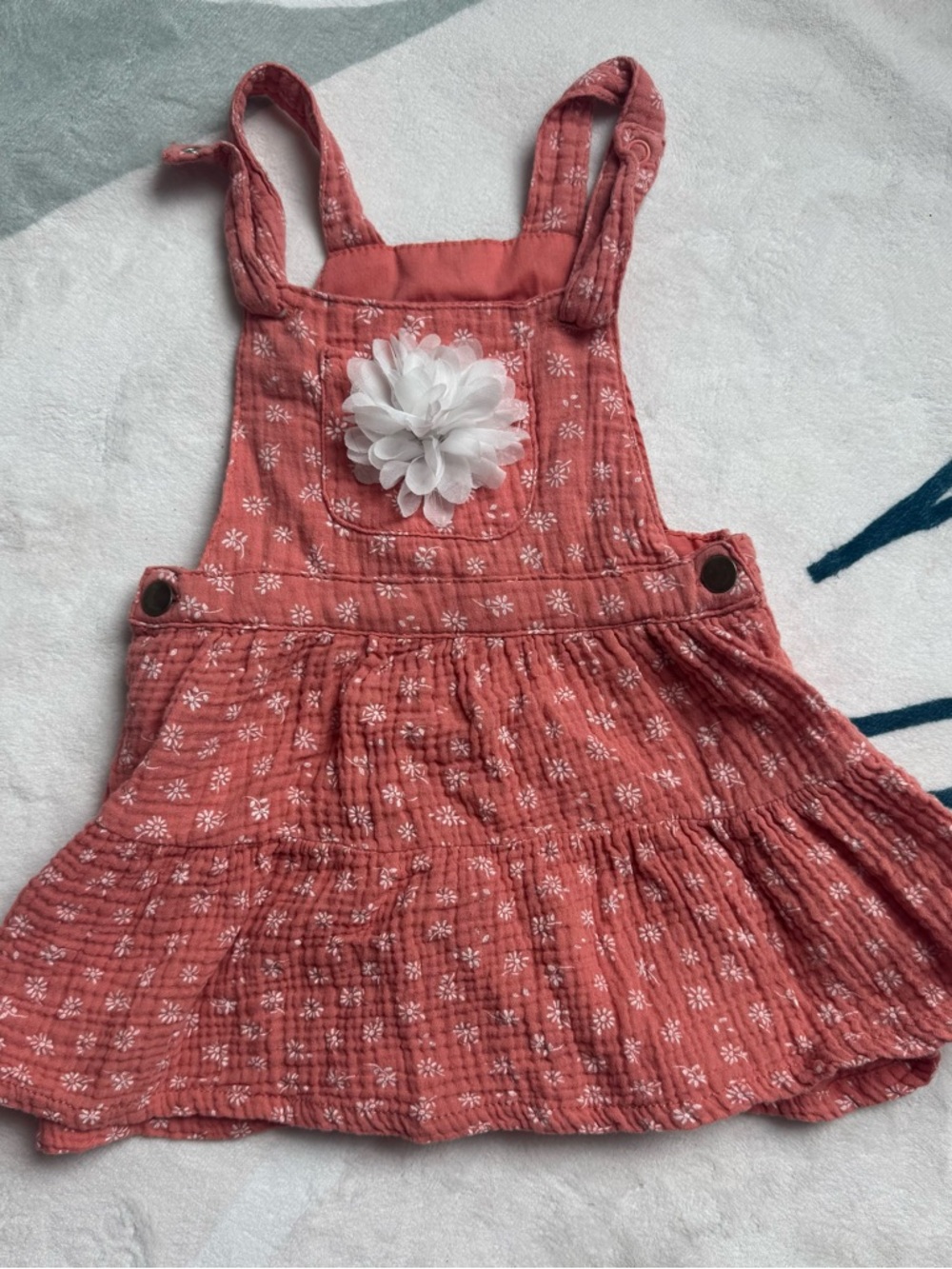 Coral Pink Floral Textured Pinafore Dress with White Flower